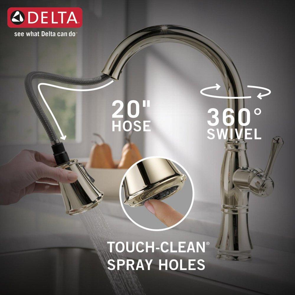 Delta Faucet Lumicoat&reg; Polished Nickel Single Handle Pull Down Kitchen Faucet with Three-Function Spray, Magnetic Docking and ShieldSpray Technology 