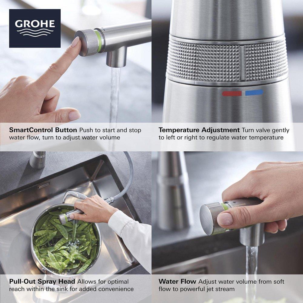 GROHE SuperSteel Single Handle Pull Out Kitchen Faucet 