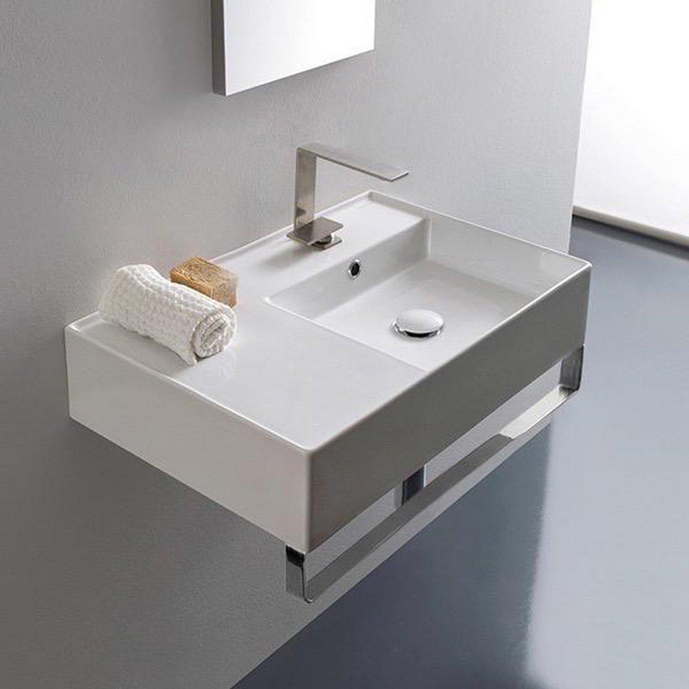 Scarabeo Teorema 2.0 24" Rectangular Ceramic Wall Mounted Bathroom Sink with Overflow and Towel Bar 