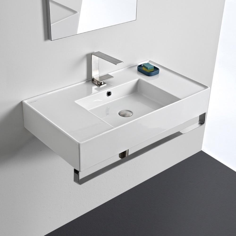 Scarabeo Teorema 2.0 32" Rectangular Ceramic Wall Mounted Bathroom Sink with Overflow and Towel Bar 