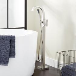 Floor Mount Tub Filler Faucet in Brushed Nickel - Includes Hand Shower and Valve