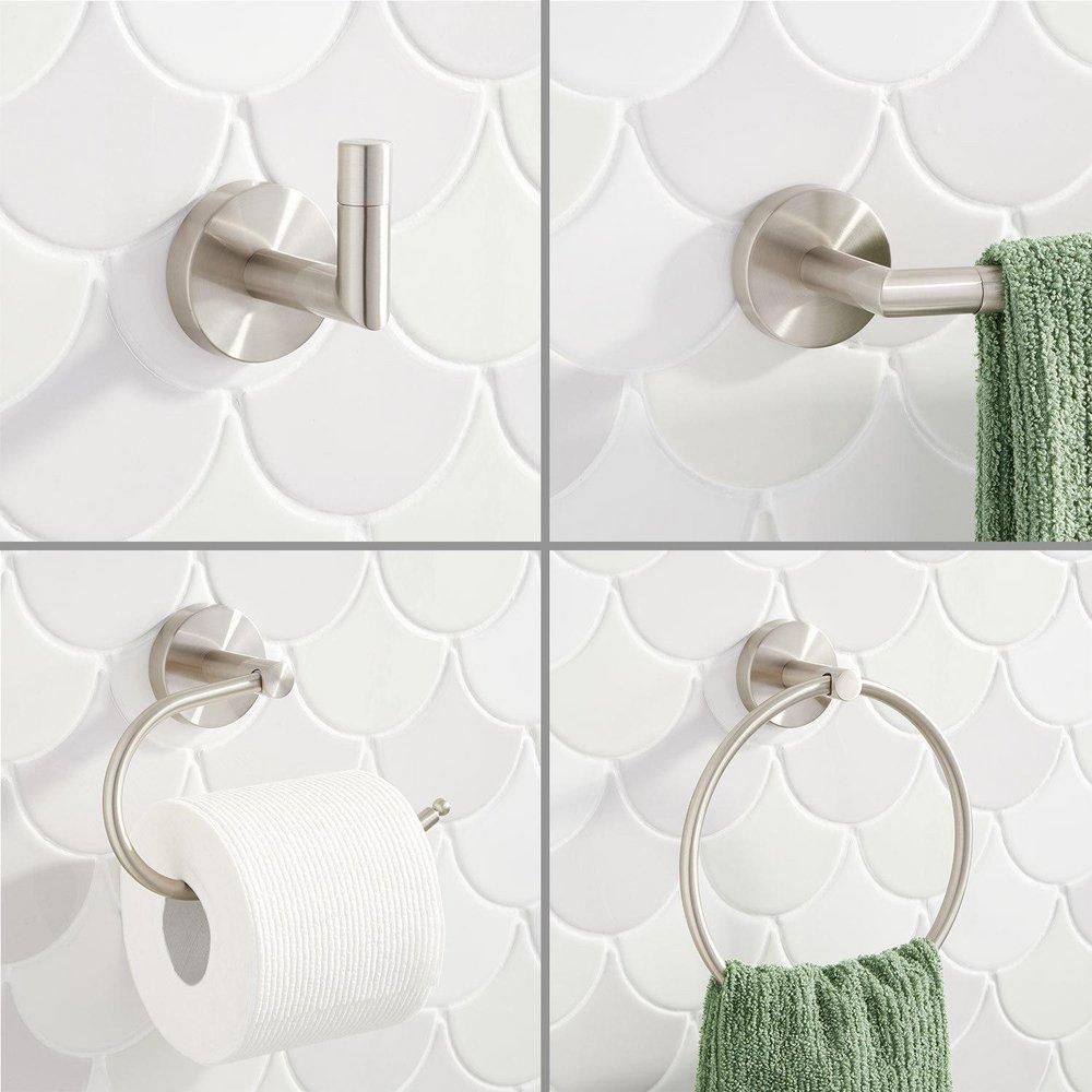4 Piece Bathroom Accessory Set with Towel Bar, Towel Ring, Toilet Tissue Holder and Robe Hook in Brushed Nickel 