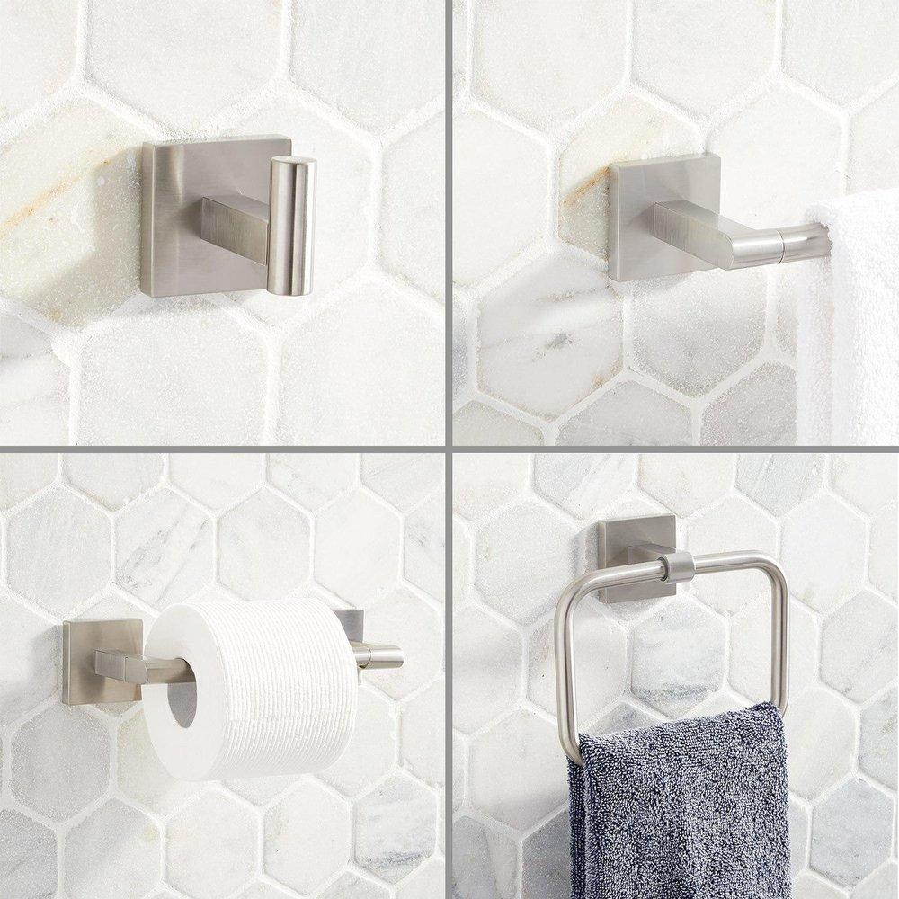 4 Piece Bathroom Accessory Set with Towel Bar, Towel Ring, Toilet Tissue Holder and Robe Hook in Brushed Nickel 