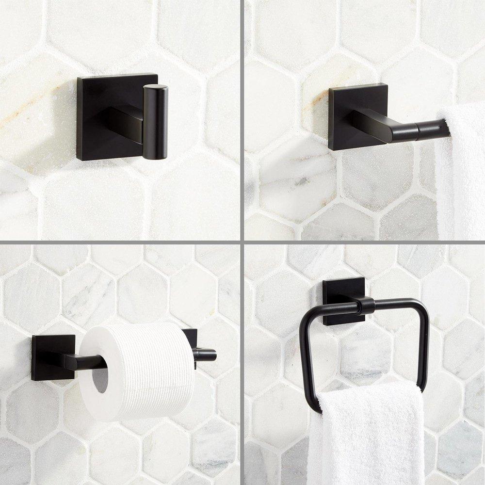 4 Piece Bathroom Accessory Set with Towel Bar, Towel Ring, Toilet Tissue Holder and Robe Hook in Matte Black 