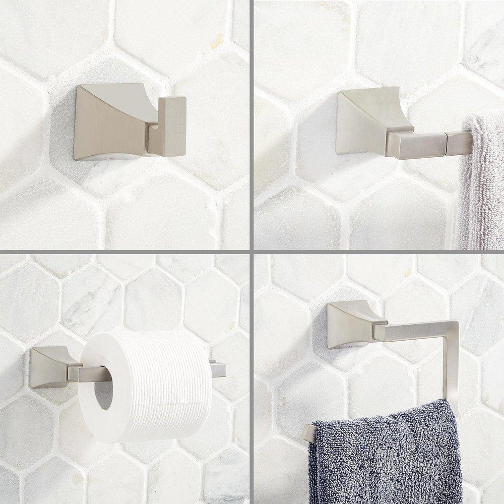 4 Piece Bathroom Accessory Set with Towel Bar, Towel Ring, Toilet Tissue Holder and Robe Hook in Brushed Nickel 