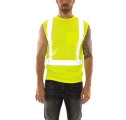 Size XL Plastic Sleeveless T-Shirt in Fluorescent Yellow-Green and Silver