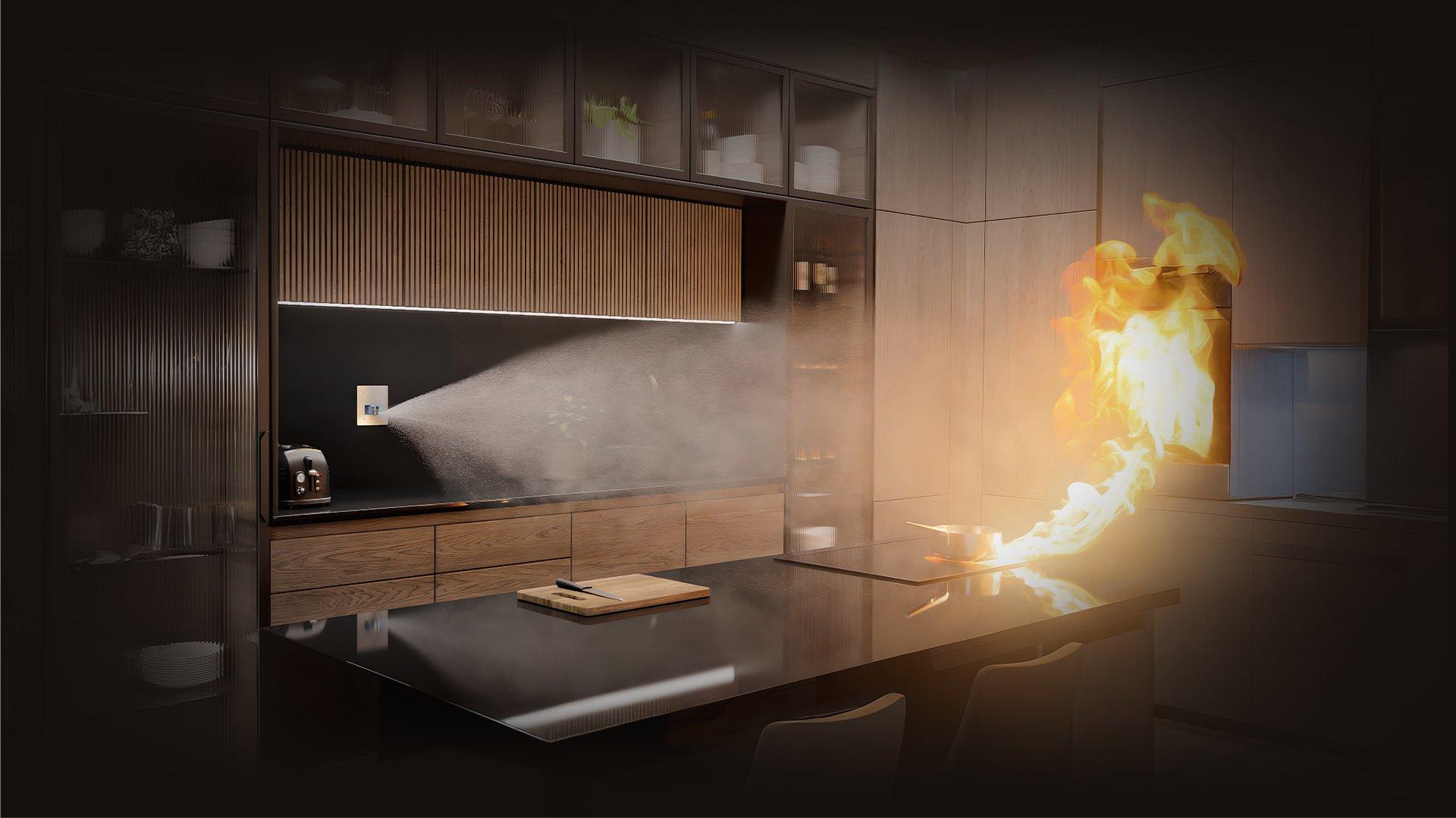 Automist fire suppression system activates during stove fire in residential kitchen.