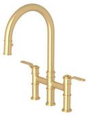 Two Handle Bridge Pull Down Kitchen Faucet in Satin English Gold