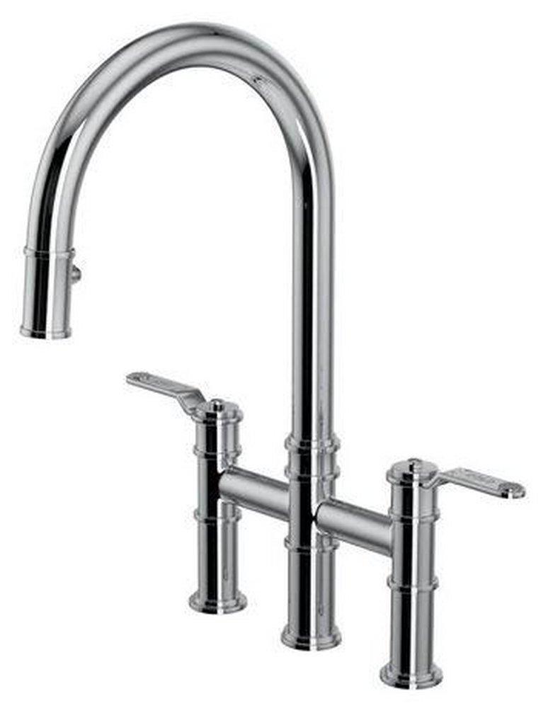 Perrin & Rowe&reg; Polished Chrome Pull Down Bridge Kitchen Faucet 