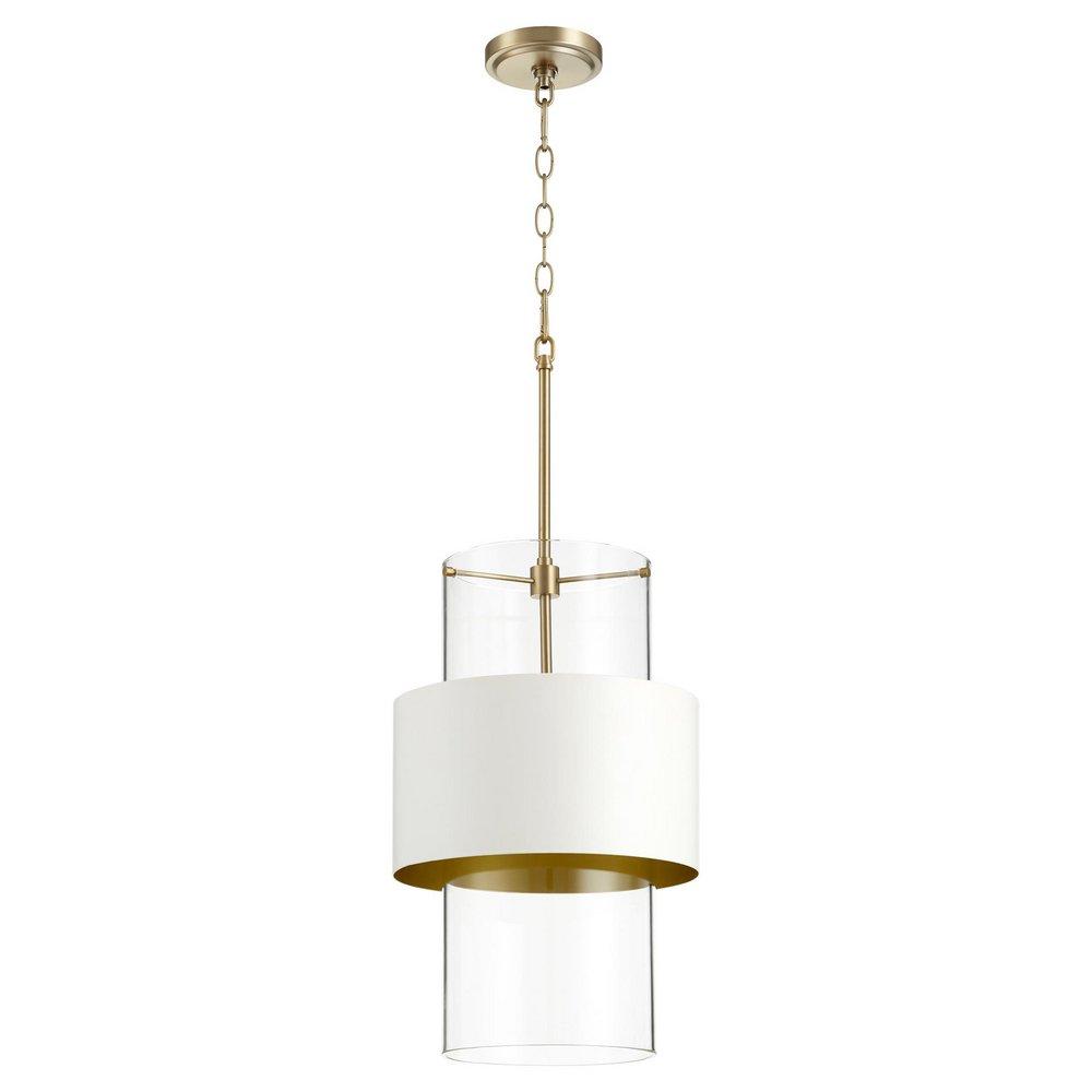 Quorum International Aged Brass/Studio White 12 in. 100W 1-Light Medium E-26 Incandescent Clear Glass Pendant 