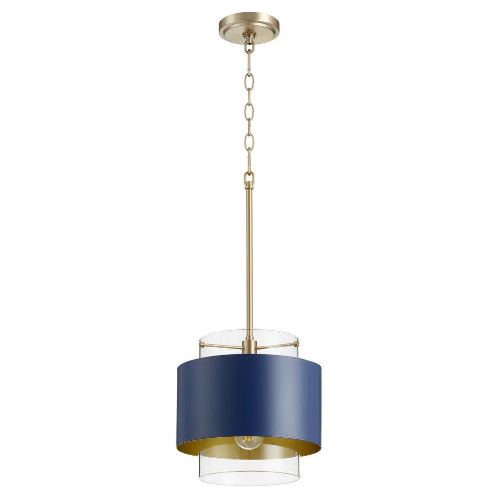 Quorum International Aged Brass/Blue 10-1/2 in. 100W 1-Light Medium E-26 Incandescent Clear Glass Pendant 