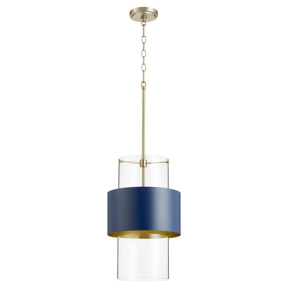 Quorum International Aged Brass/Blue 12 in. 100W 1-Light Medium E-26 Incandescent Clear Glass Pendant 