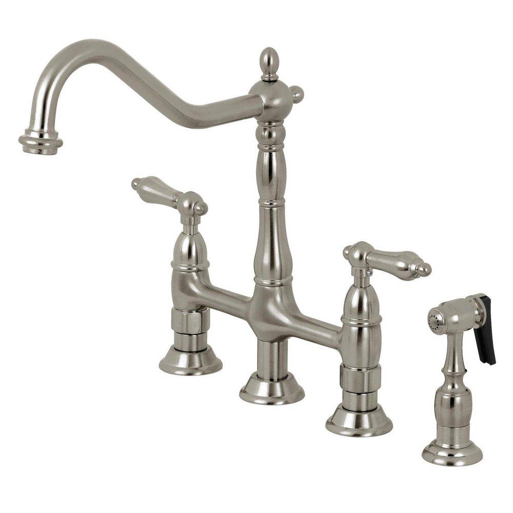 Two Handle Bridge Kitchen Faucet with Side Spray in Brushed Nickel 