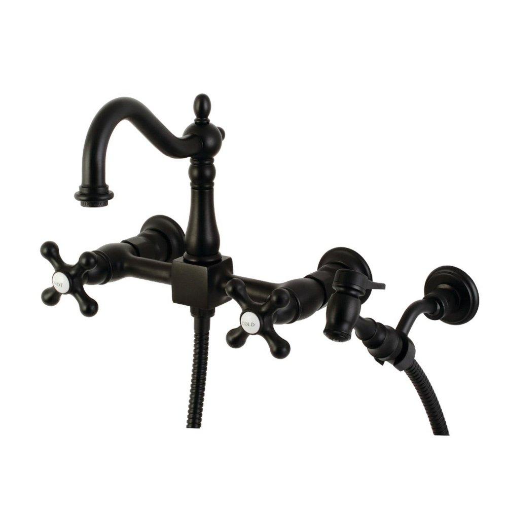 Heritage 1.8 GPM Wall Mounted Widespread Kitchen Faucet with Side Spray and Cross Handles 