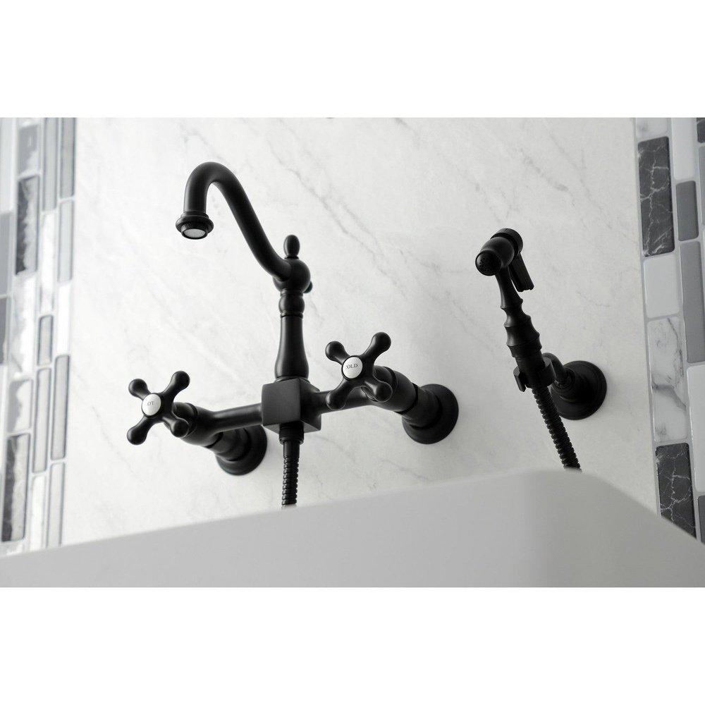 Heritage 1.8 GPM Wall Mounted Widespread Kitchen Faucet with Side Spray and Cross Handles 