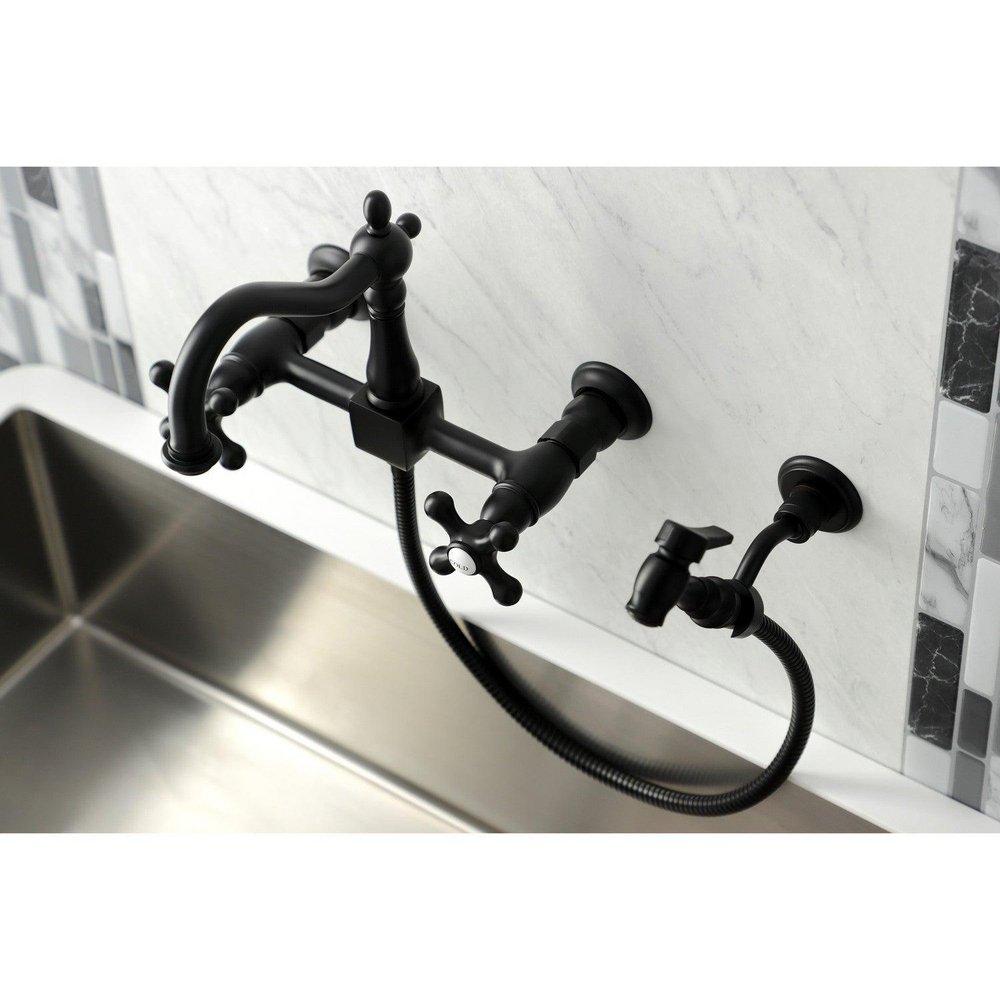 Kingston Brass Matte Black Two Handle Bridge and Widespread Kitchen Faucet 