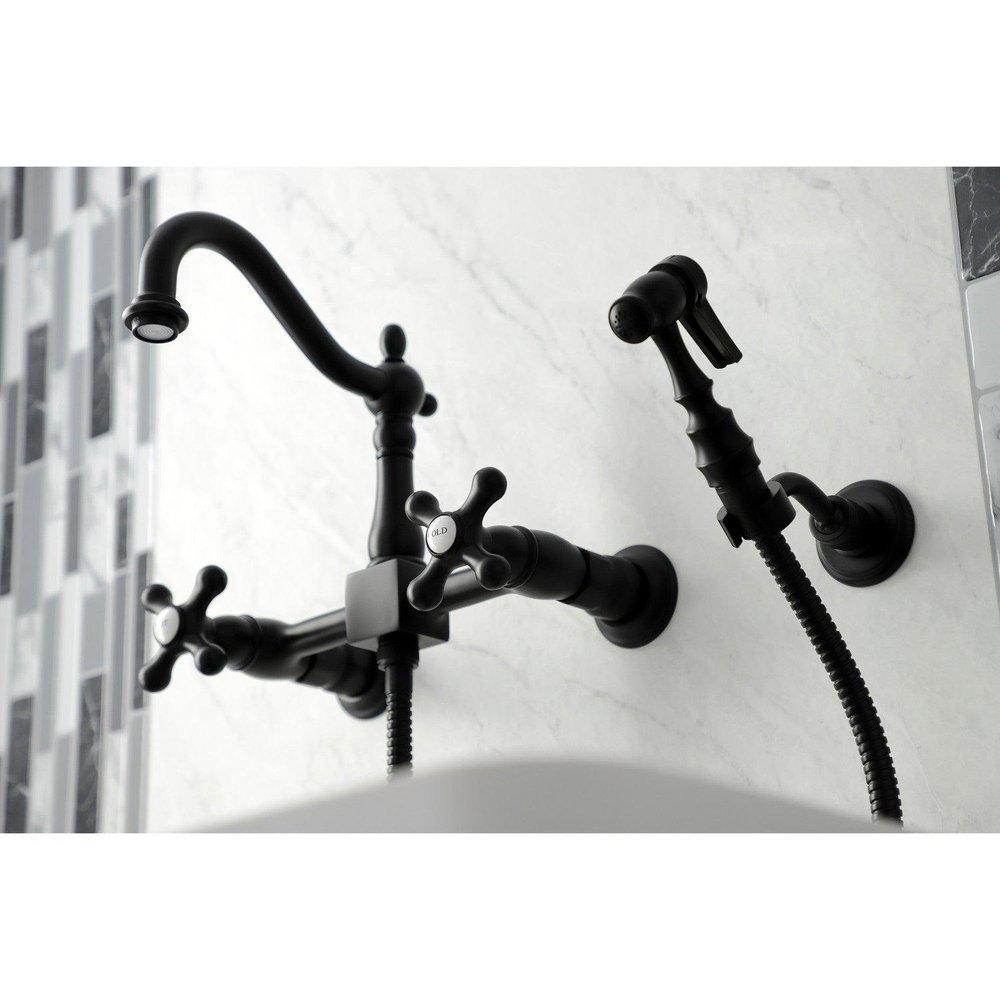 Kingston Brass Matte Black Two Handle Bridge and Widespread Kitchen Faucet 