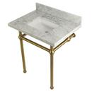 30 in. Console Rectangular Ceramic Bathroom Sink in Carrara Marble with Brushed Brass Pedestal