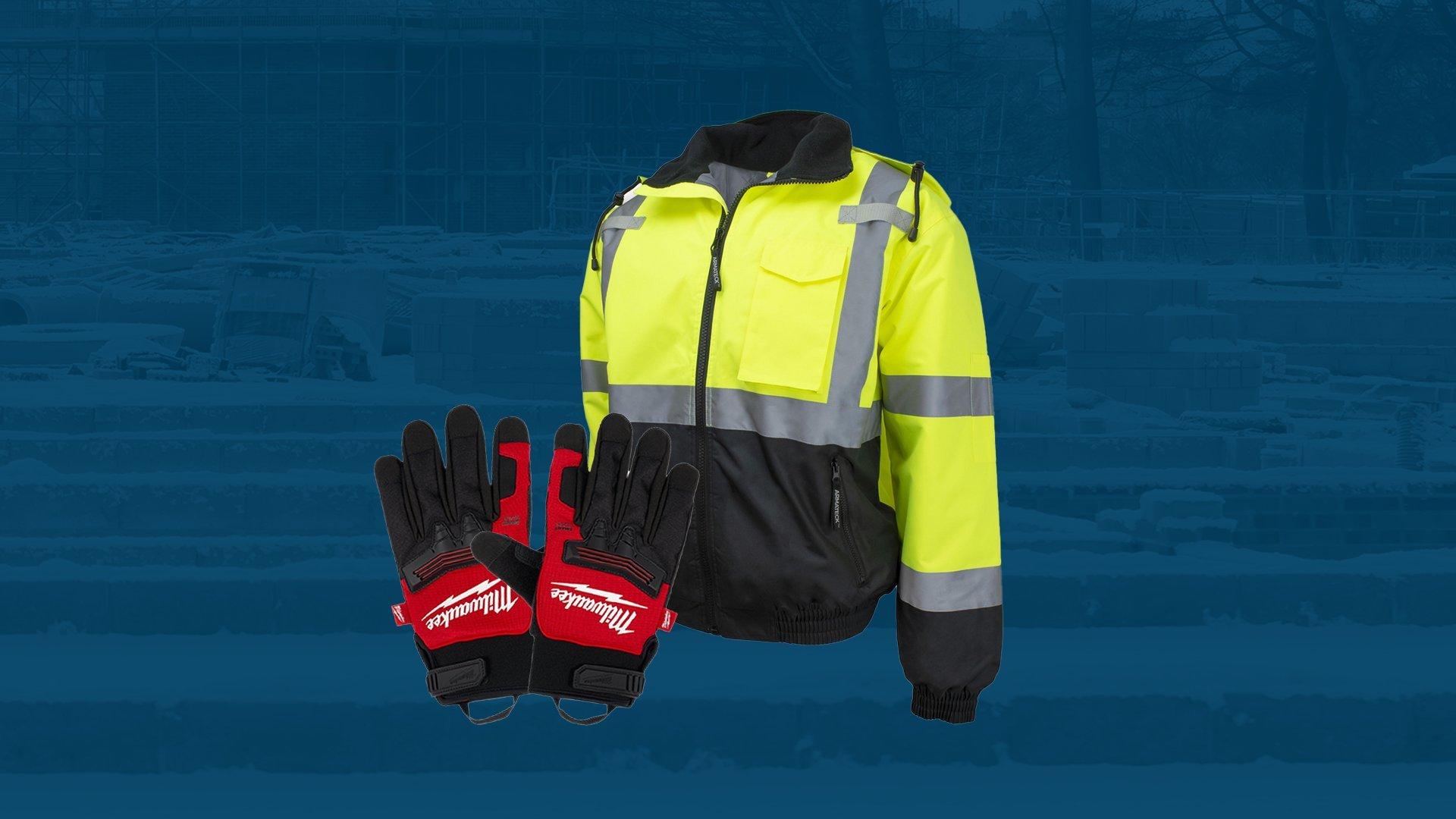 Milwaukee winter gloves and Armateck bomber winter jacket against blue background. 
