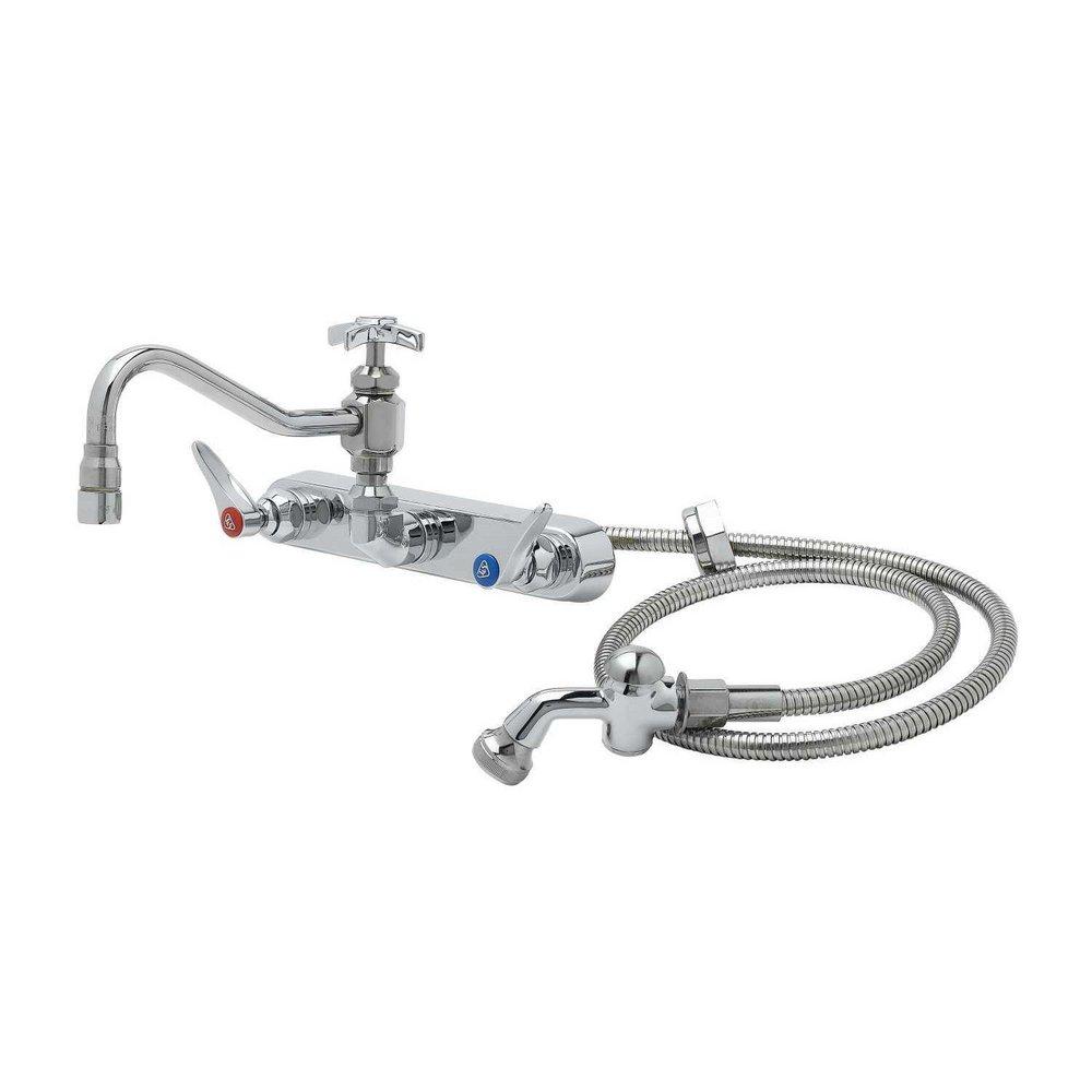 T&S Brass Chrome Plated 2.2 gpm 3 Hole Wall Mount Workboard Faucet with Double Four Arm Handle 