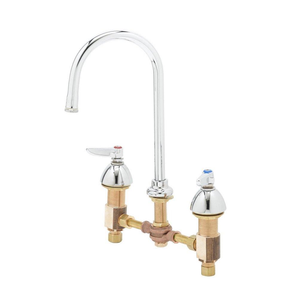 T&S Brass Polished Chrome 2.2 gpm 3 Hole Deck Mount Medical Faucet with Double Lever Handle and Pedal Valve Inlet 