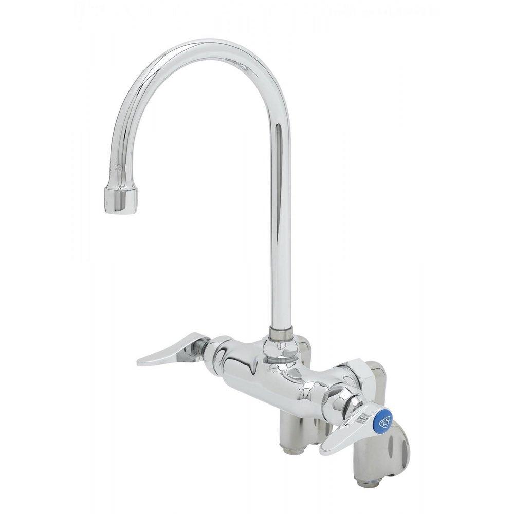 T&S Brass Polished Chrome 2-Hole Wall Mount Rigid Double Pantry Faucet with Double Lever Handle and Adjustable Center 