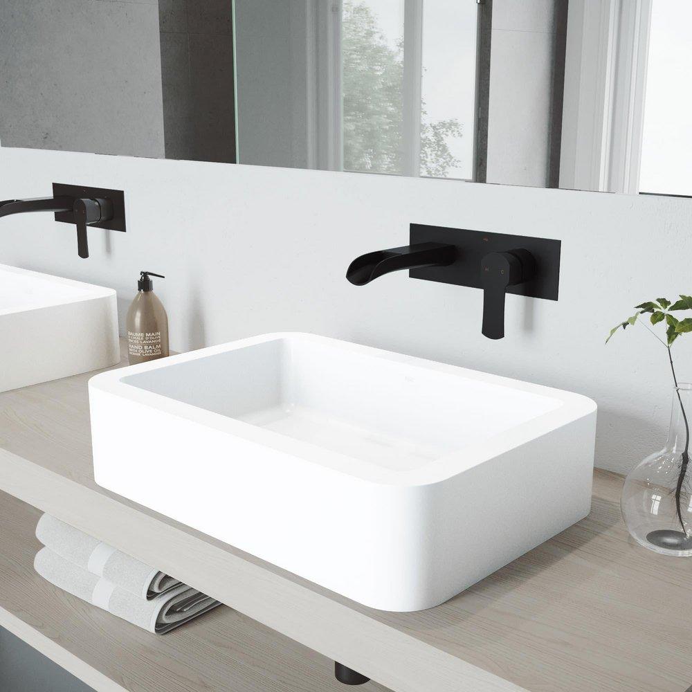 Petunia 22-3/4" Matte Stone? Vessel Bathroom Sink with Cornelius Matte Black 1.2 GPM Wall Mounted Ba 