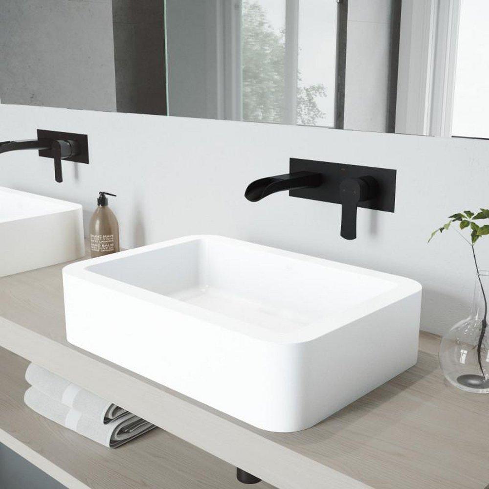 Petunia 22-3/4" Matte Stone? Vessel Bathroom Sink with Cornelius Matte Black 1.2 GPM Wall Mounted Ba 