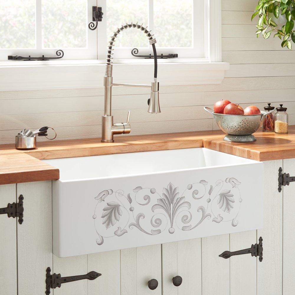 Signature Hardware White/Grey Tuscany Motif 32-3/4 x 20 in. Fireclay Single Bowl Farmhouse Kitchen Sink 