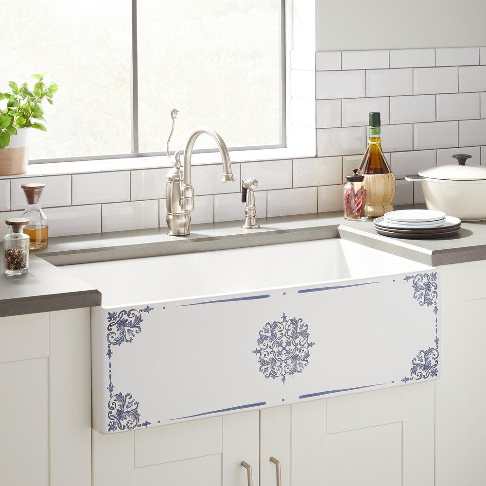 Signature Hardware White/Blue Medallion Motif 29-7/8 x 20 in. Fireclay Single Bowl Farmhouse Kitchen Sink 