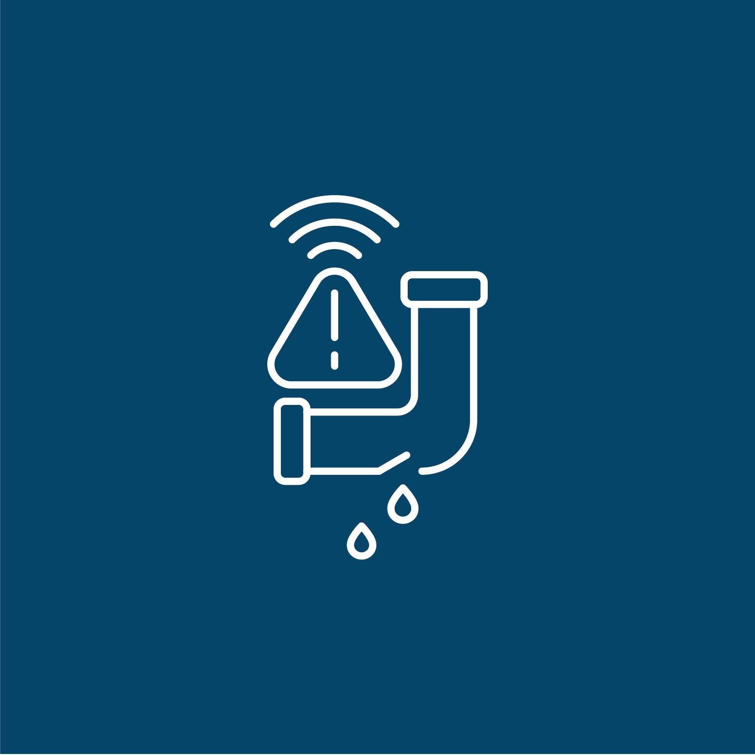 Icon of leaking pipe with sensor alert sounding against blue background. 