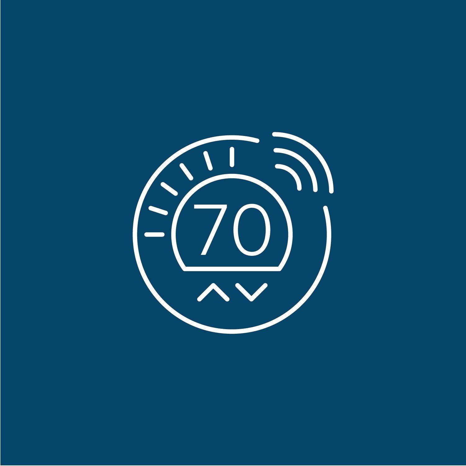 Icon of digital thermostat showing 70 degrees against blue background. 