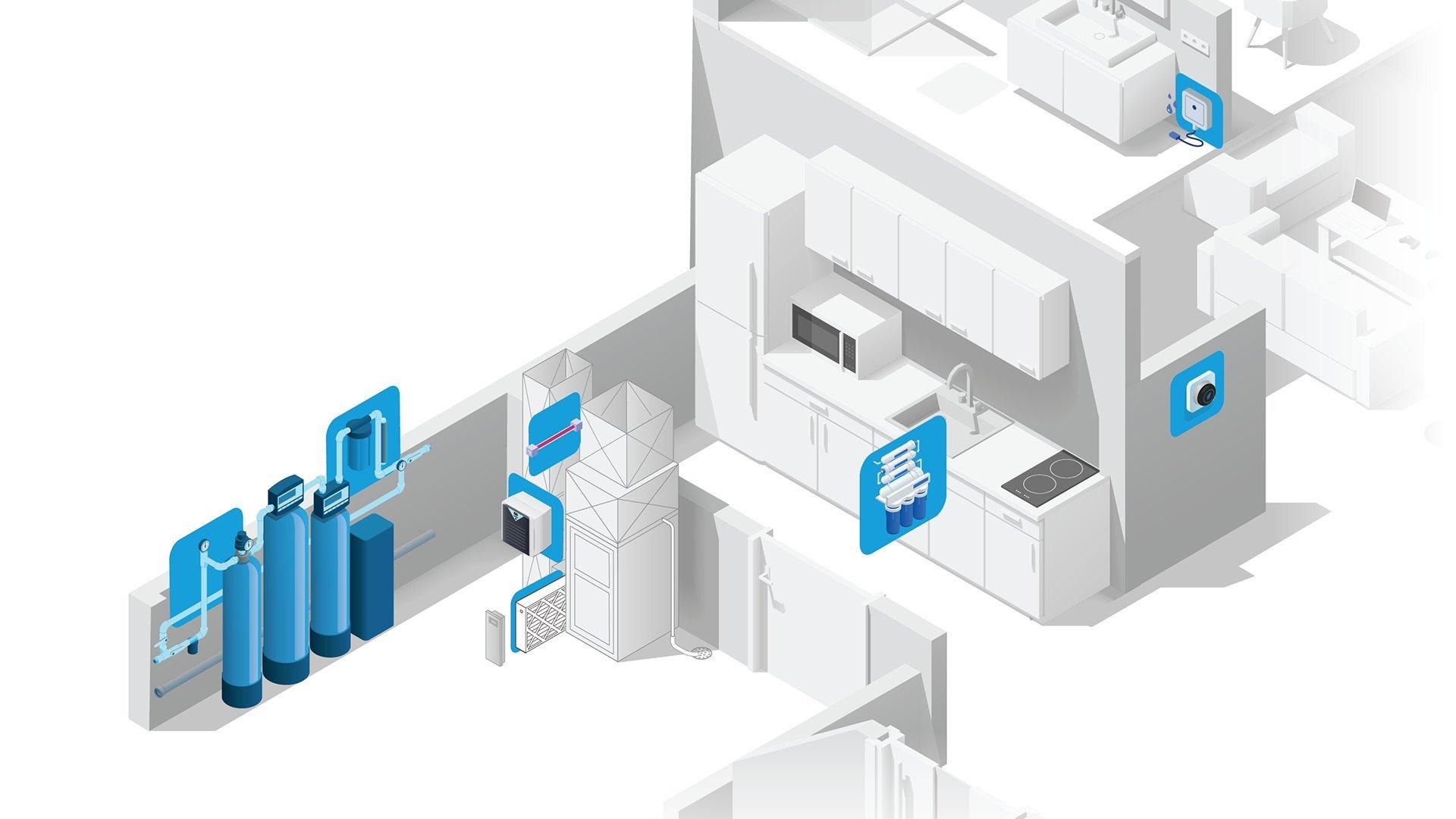 Digital blueprint of residential home layout with water and air solutions throughout. 