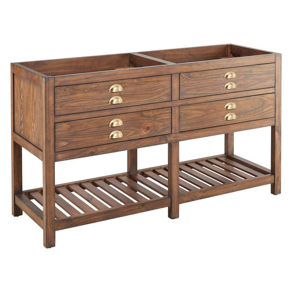 Signature Hardware Farmhouse Brown 60 in. Floor Mount Vanity in Farmhouse Brown with Satin Brass 