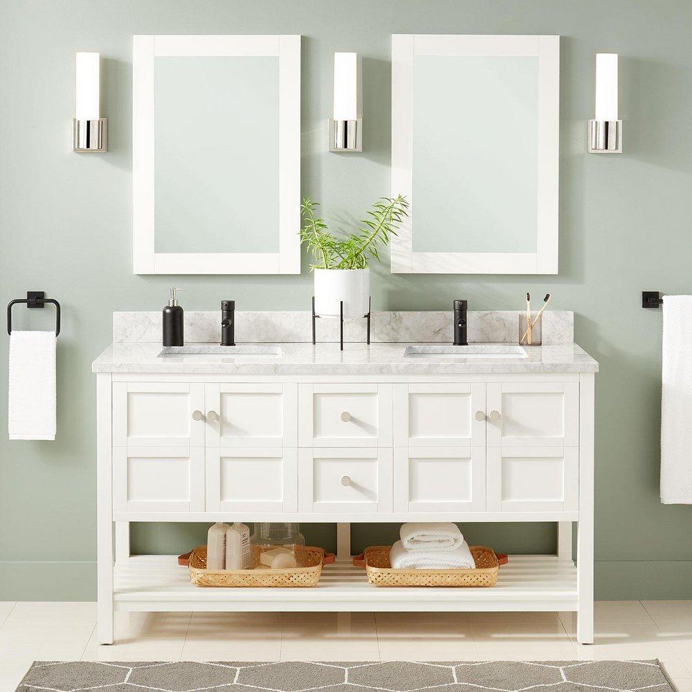 Signature Hardware Soft White 60 in. Floor Mount Vanity in White with Brushed Nickel 