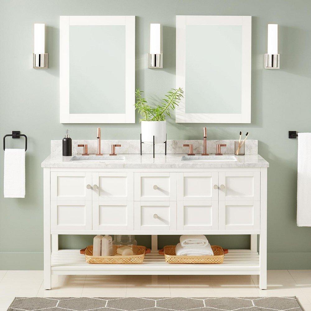 Signature Hardware Soft White 60 in. Floor Mount Vanity in White with Brushed Nickel 