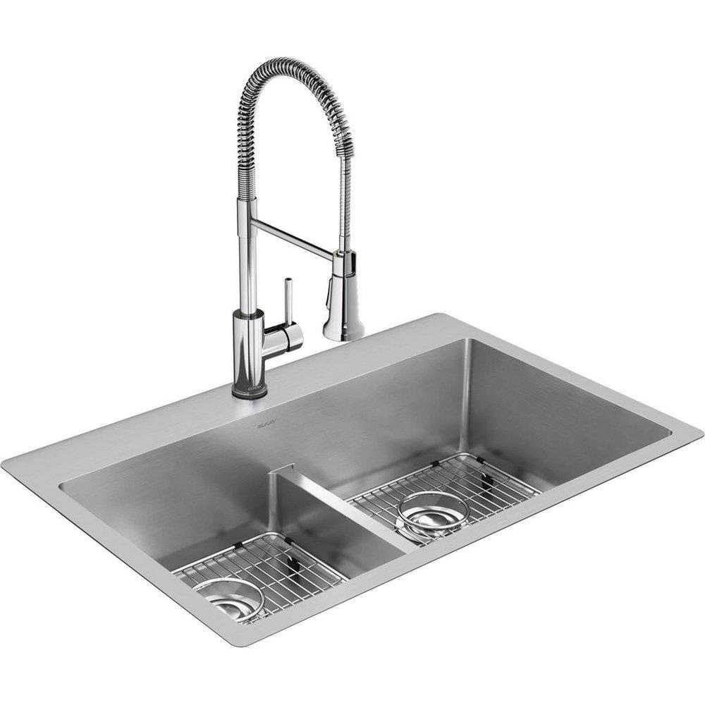 Elkay Polished Satin 33 x 22 in. 1-Hole Stainless Steel Double Bowl Dual Mount Kitchen Sink 