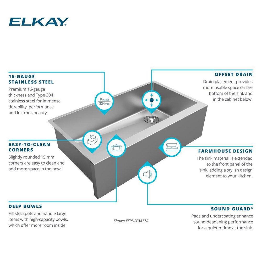 Elkay Polished Satin 35-7/8 x 20-1/4 in. Stainless Steel Single Bowl Farmhouse Kitchen Sink with Sound Dampening 
