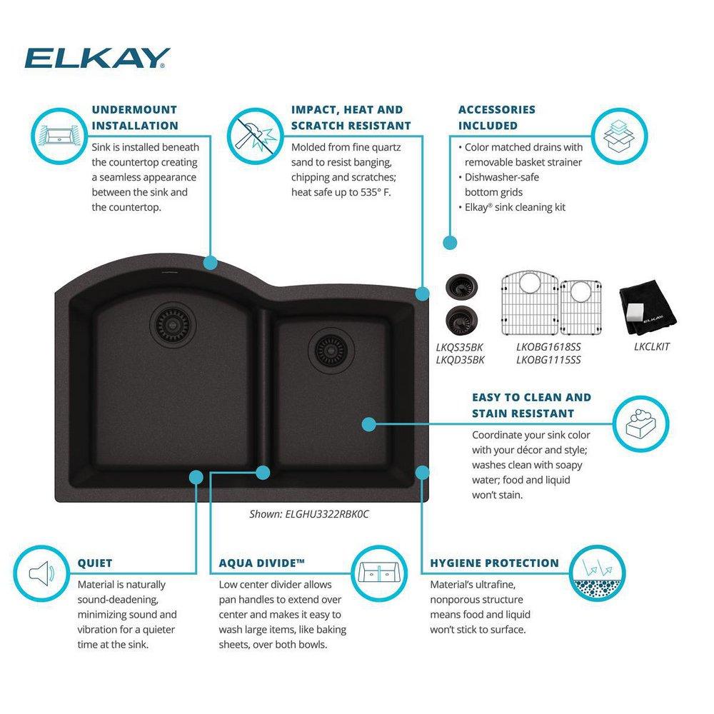 Elkay Black 33 x 22 in. 1-Hole Composite Double Bowl Undermount Kitchen Sink 