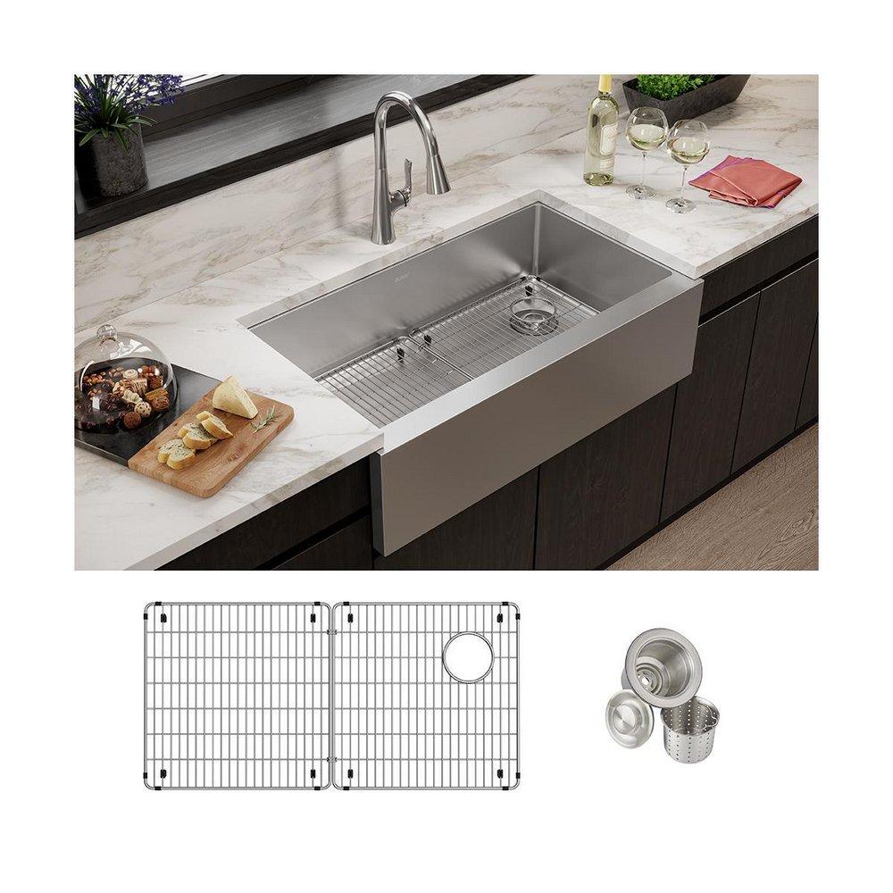 Elkay Polished Satin 35-7/8 x 20-1/4 in. Stainless Steel Single Bowl Farmhouse Kitchen Sink - Includes Bottom Grid and Strainer Drain 