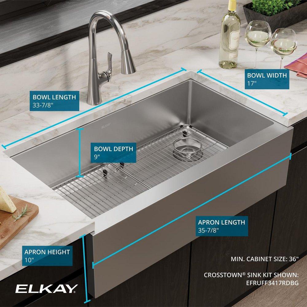 Elkay Polished Satin 35-7/8 x 20-1/4 in. Stainless Steel Single Bowl Farmhouse Kitchen Sink - Includes Bottom Grid and Strainer Drain 