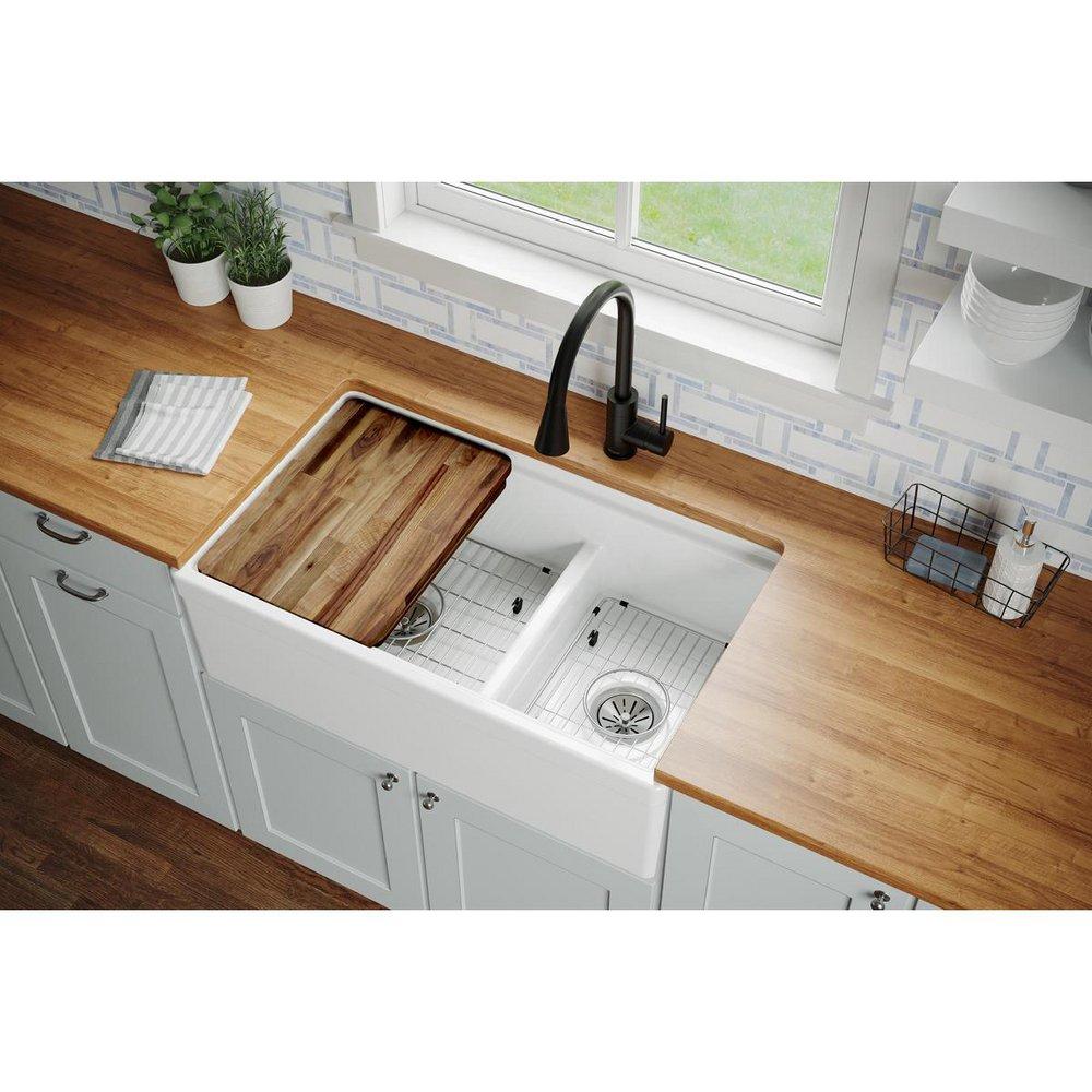 Elkay White 33 x 19-15/16 in. Fireclay Double Bowl Farmhouse Kitchen Sink 