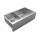35-7/8 x 20-1/4 in. 2-Hole Stainless Steel Double Bowl Farmhouse Kitchen Sink with Sound Dampening - Includes Bottom Grids and Strainer Drains in Polished Satin