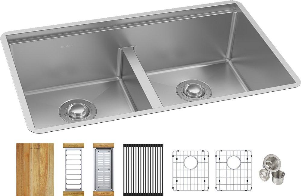 Elkay Polished Satin 31-1/2 x 18-1/2 in. No-Hole Stainless Steel Double Bowl Undermount Kitchen Sink 