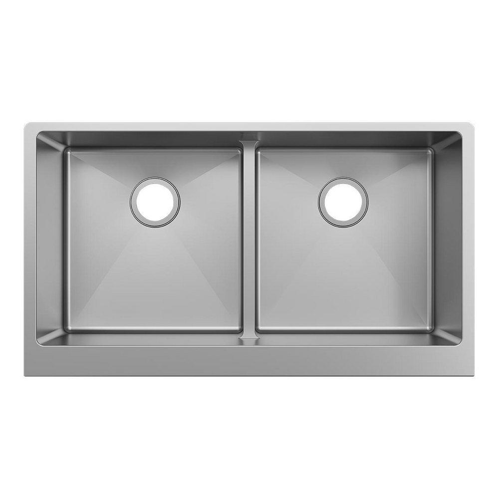Elkay Polished Satin 35-7/8 x 20-1/4 in. Stainless Steel Double Bowl Farmhouse Kitchen Sink with Sound Dampening 