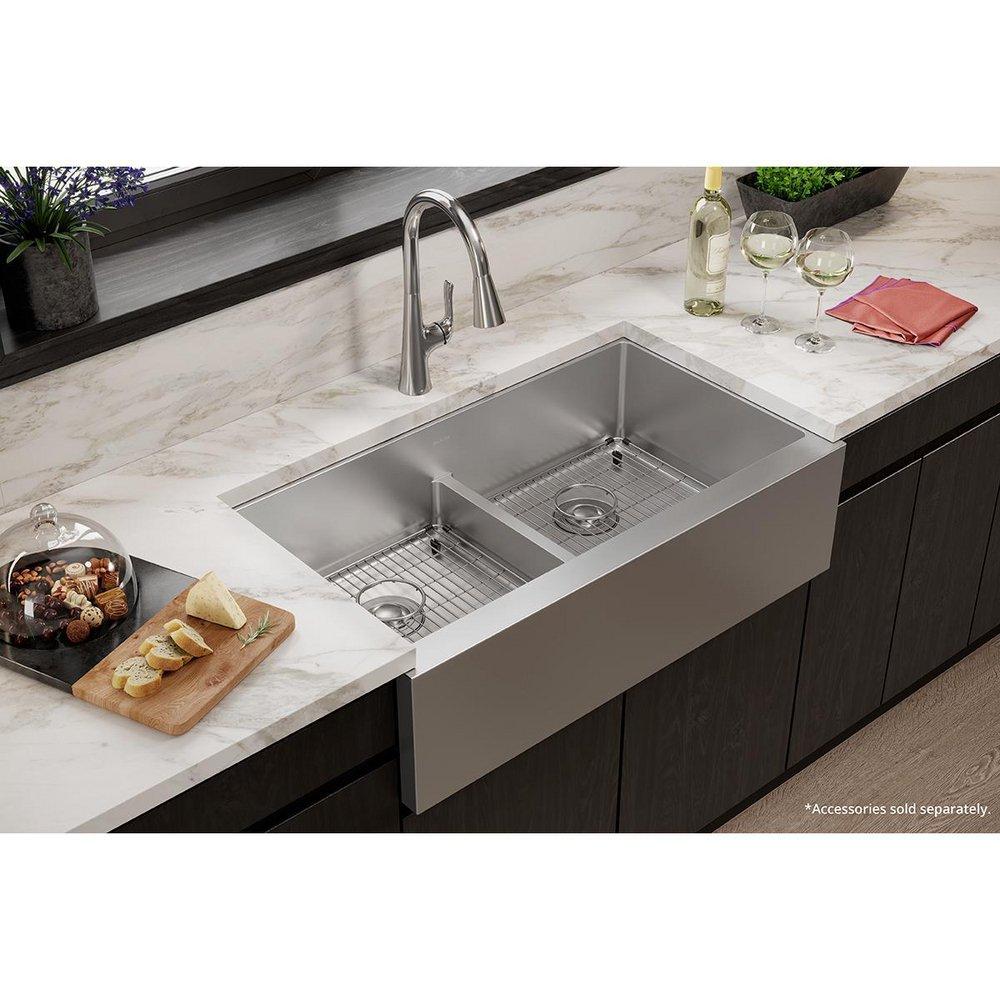 Elkay Polished Satin 35-7/8 x 20-1/4 in. Stainless Steel Double Bowl Farmhouse Kitchen Sink with Sound Dampening 