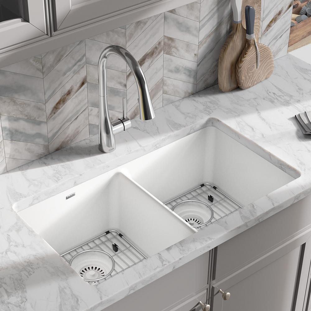 Elkay White 33 x 18-1/2 in. Composite Double Bowl Undermount Kitchen Sink 