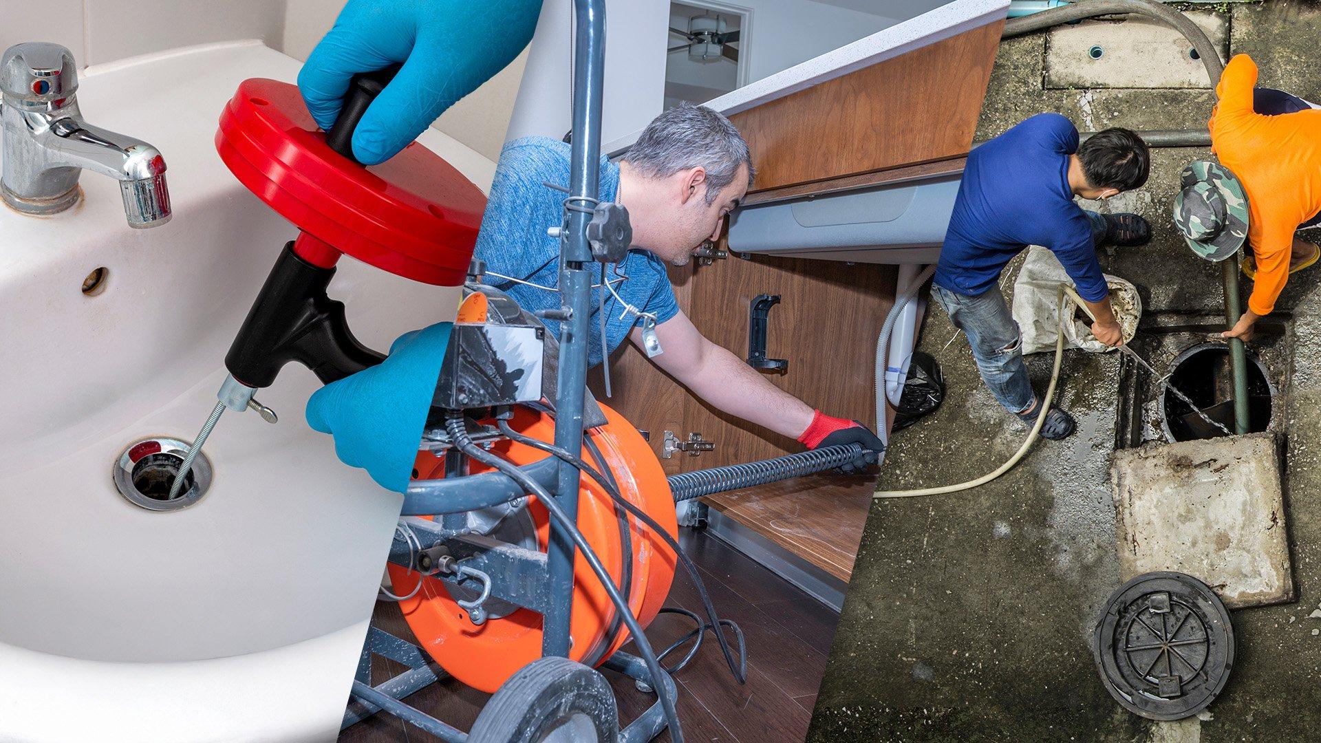 3 side-by-side images of drain snake used in sink, plumber working underneath sink and 2 workers cleaning outdoor drain.