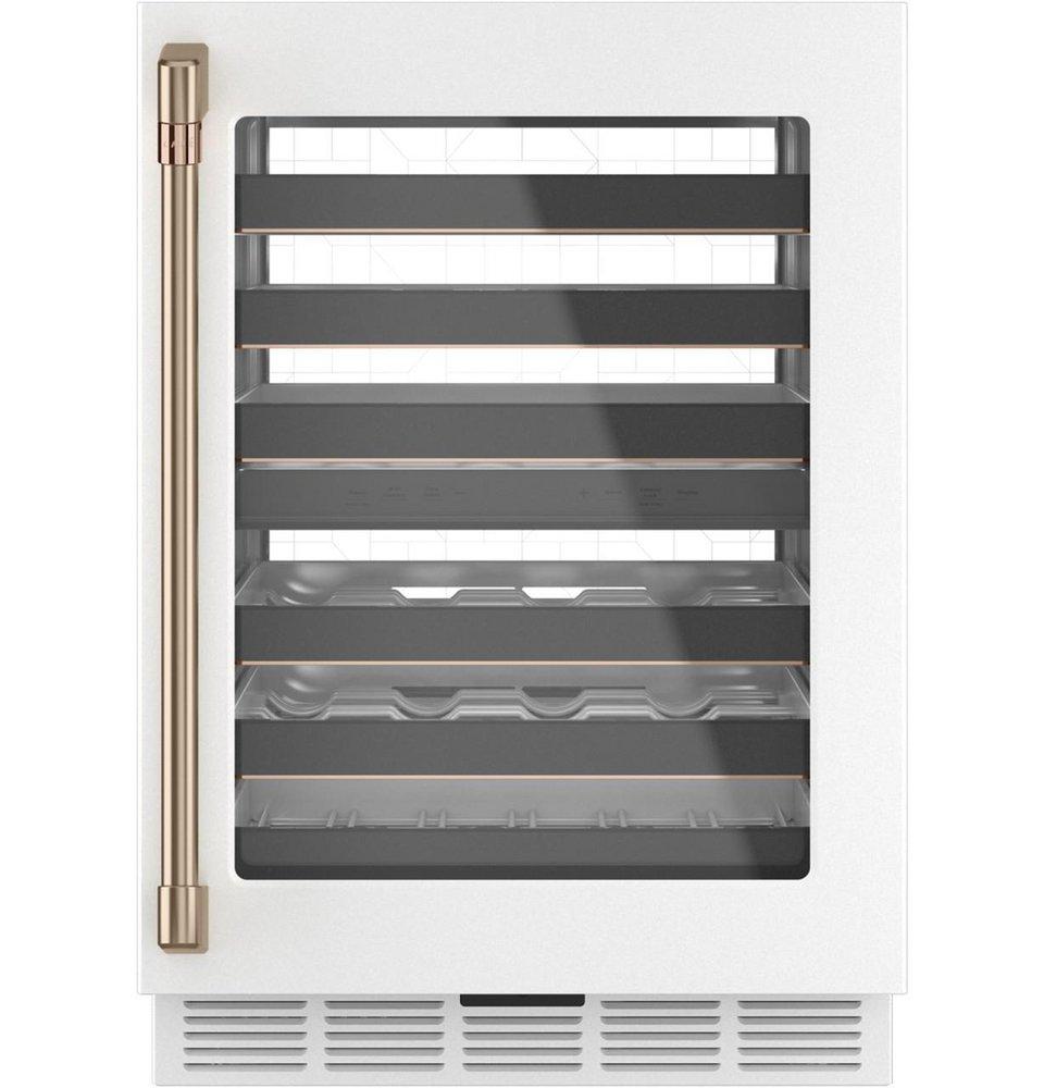 Cafe™ Matte White/Brushed Bronze 34-1/8 x 23-3/4 in. Built-in and Freestanding Wine Cooler 