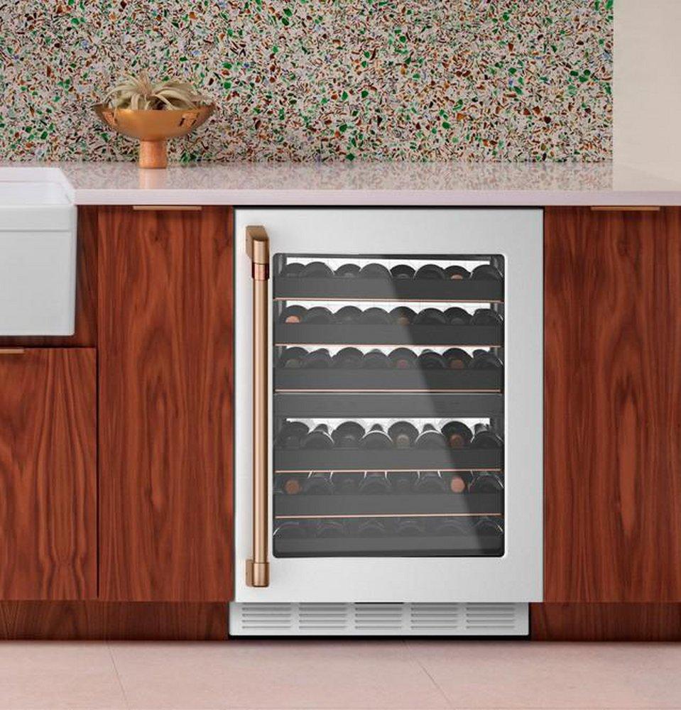 Cafe™ Matte White/Brushed Bronze 34-1/8 x 23-3/4 in. Built-in and Freestanding Wine Cooler 